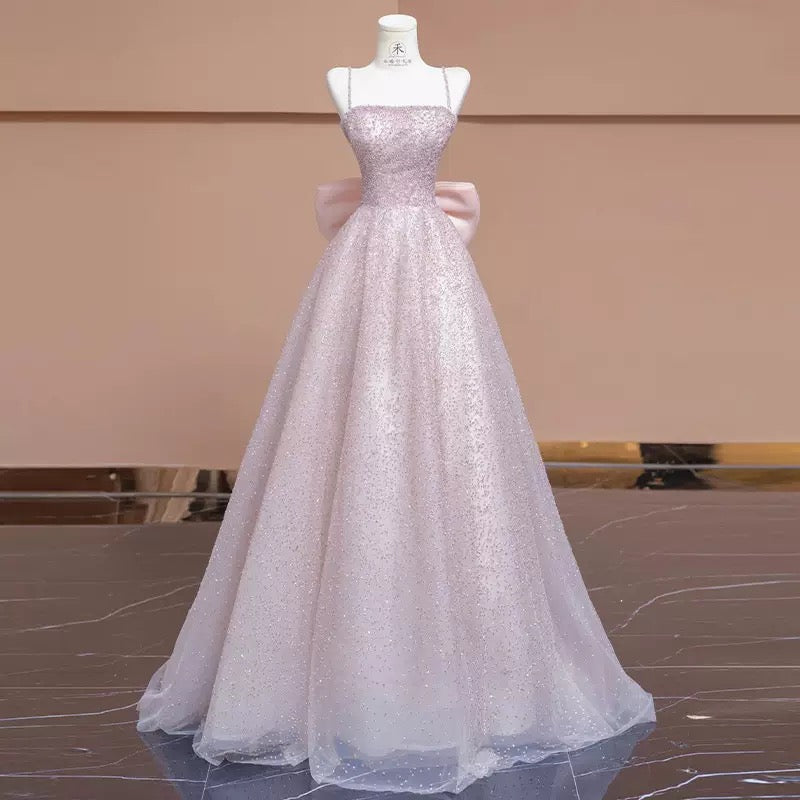 Custom Ethereal Glitter Evening Gown | Voluminous Maxi Dress with Spaghetti Straps and Large Bow 01-5