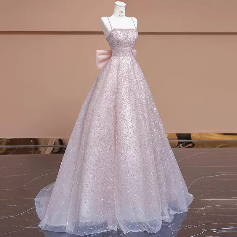 Custom Ethereal Glitter Evening Gown | Voluminous Maxi Dress with Spaghetti Straps and Large Bow 01-5