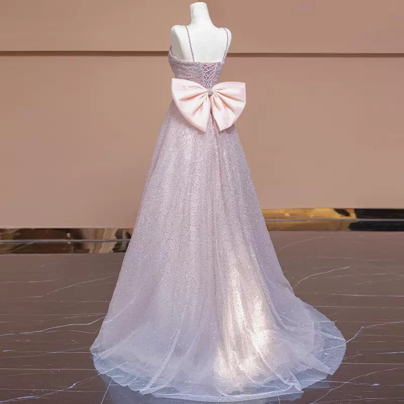 Custom Ethereal Glitter Evening Gown | Voluminous Maxi Dress with Spaghetti Straps and Large Bow 01-5