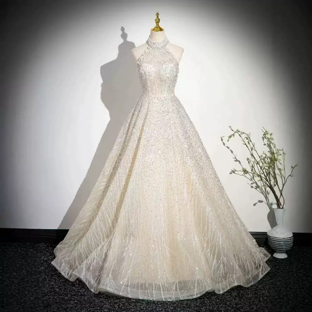 Custom-Made Heavily Embellished Halter-Neck Evening Gown | Backless Lace-Up Rhinestone-Studded Floor-Length Gown with Train 01-6