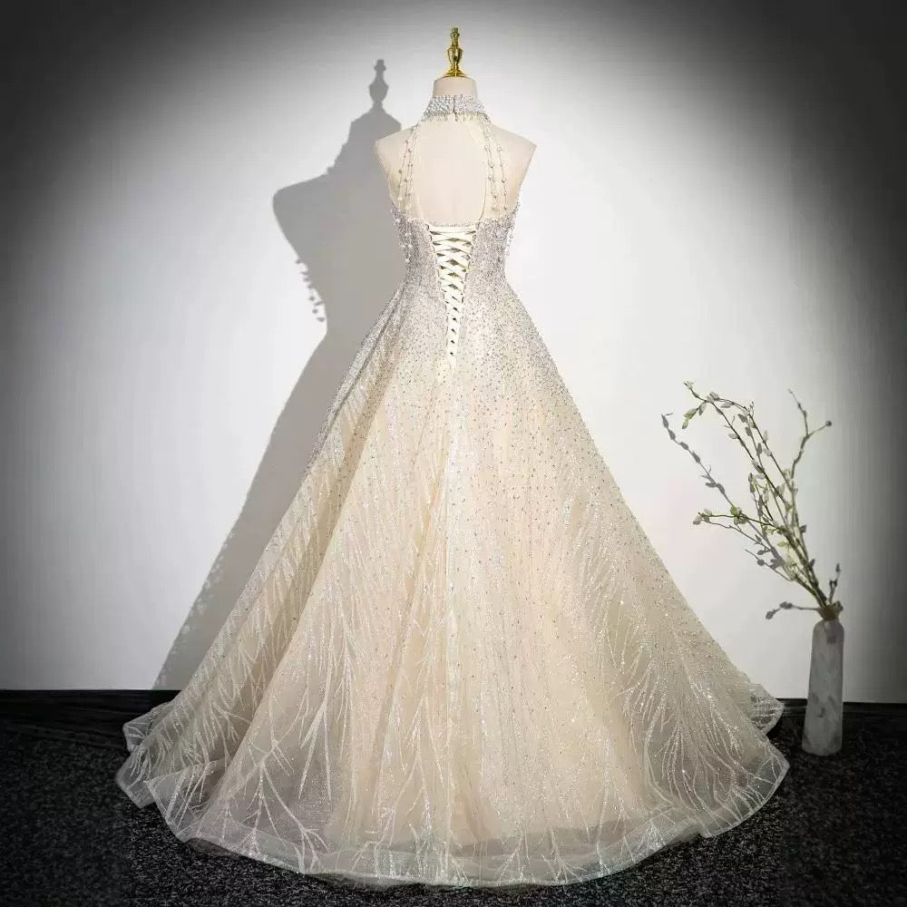 Custom-Made Heavily Embellished Halter-Neck Evening Gown | Backless Lace-Up Rhinestone-Studded Floor-Length Gown with Train 01-6