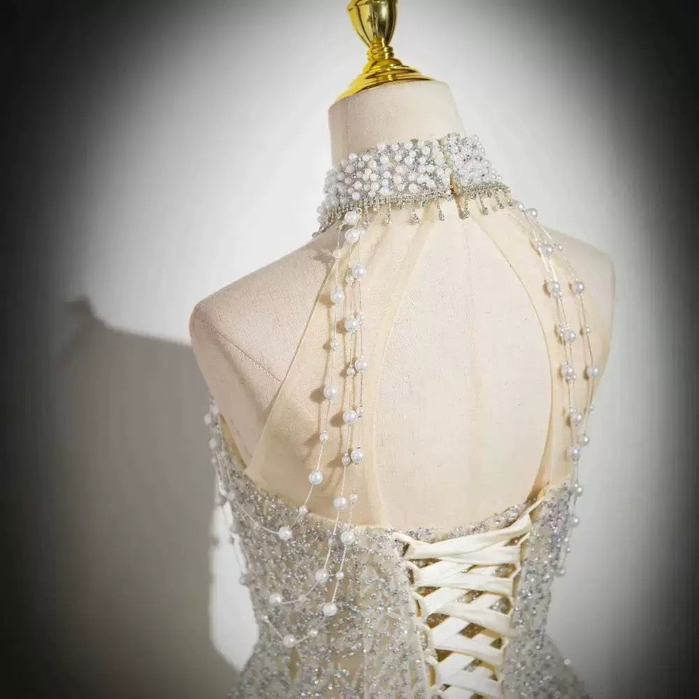 Custom-Made Heavily Embellished Halter-Neck Evening Gown | Backless Lace-Up Rhinestone-Studded Floor-Length Gown with Train 01-6
