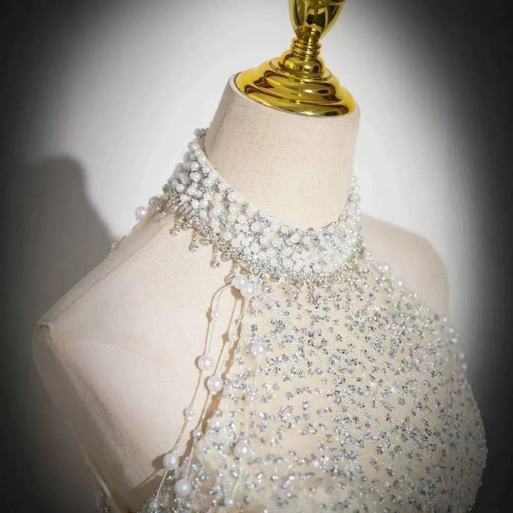 Custom-Made Heavily Embellished Halter-Neck Evening Gown | Backless Lace-Up Rhinestone-Studded Floor-Length Gown with Train 01-6