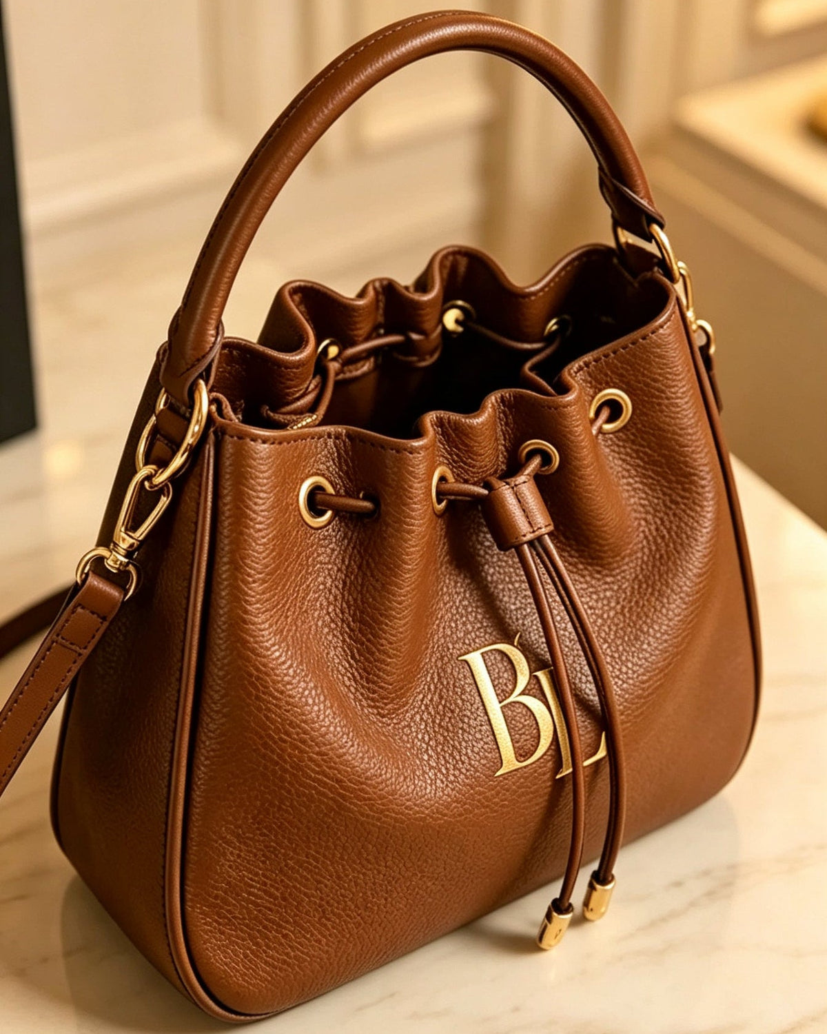 BL Custom Lightweight Bucket Bag – Drawstring Handheld & Crossbody Bag – Genuine Leather Shoulder Bag 04-13